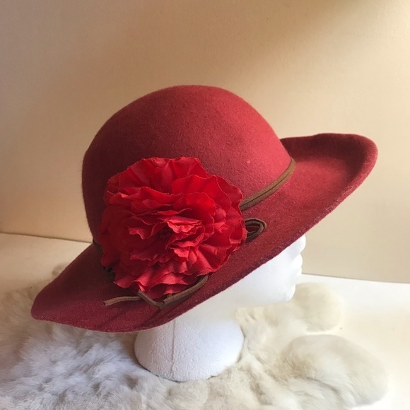 Women’s Red Felt Wool Wide Brim Hat Floral Detail